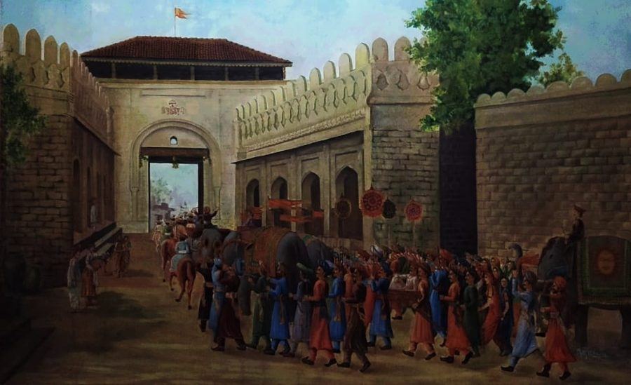 Painting of a royal procession passing through the gate of Miraj Fort